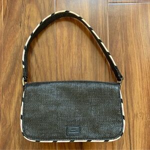 Vtg Lulu Guinness Black Straw Shoulder Bag Pink and Ivory Stripe Piping Strap